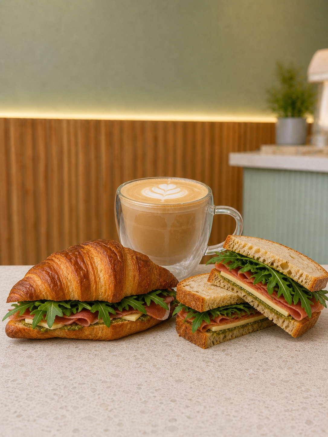 Café com leite, croissant jamon e sanduíche do Buzz Café