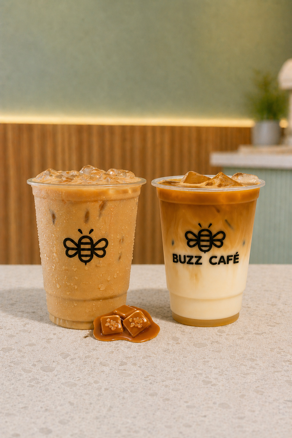 Dois cafés gelados com caramelo do Buzz Café