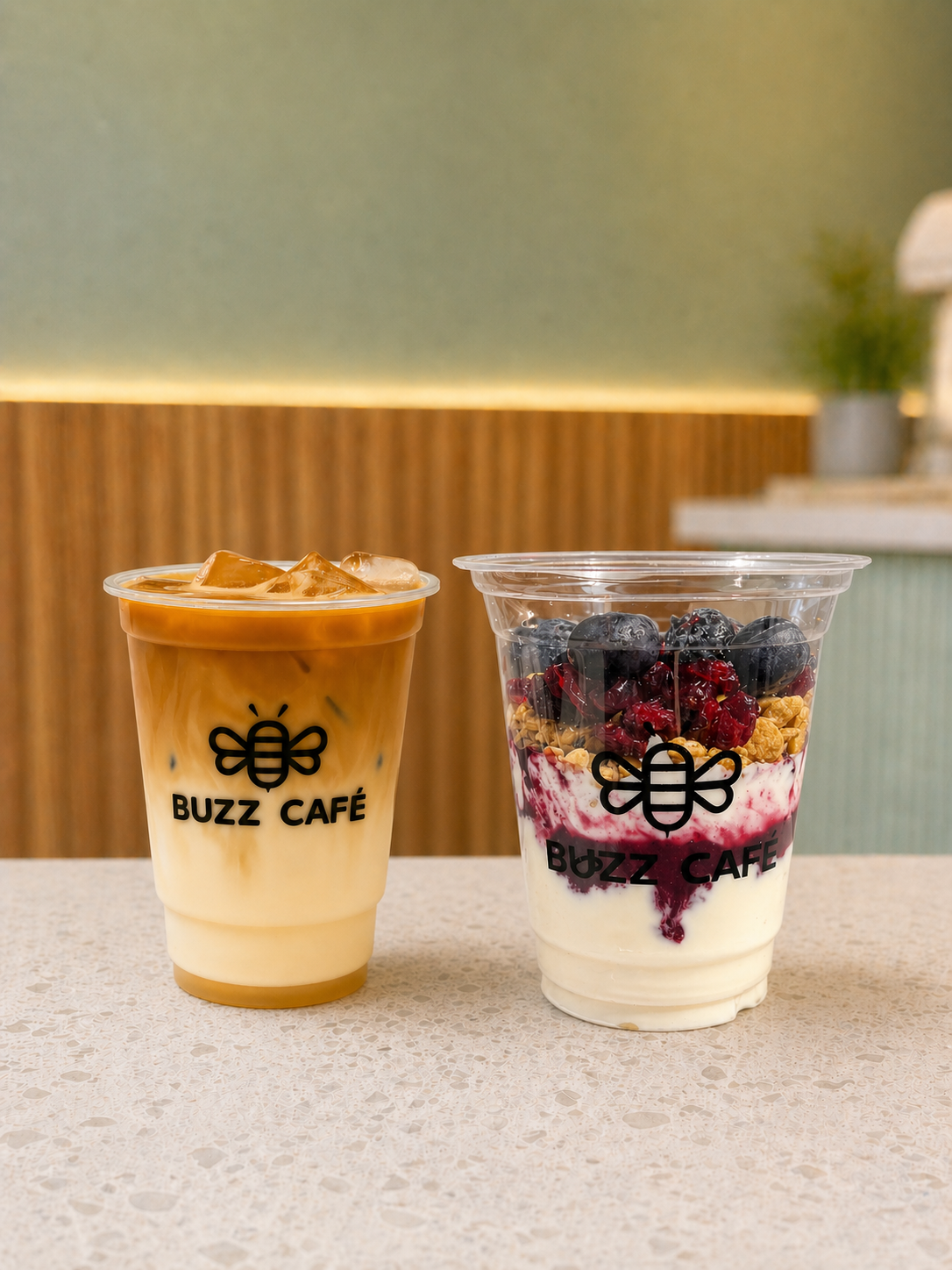 Iced latte e yogurt com frutas do Buzz Café