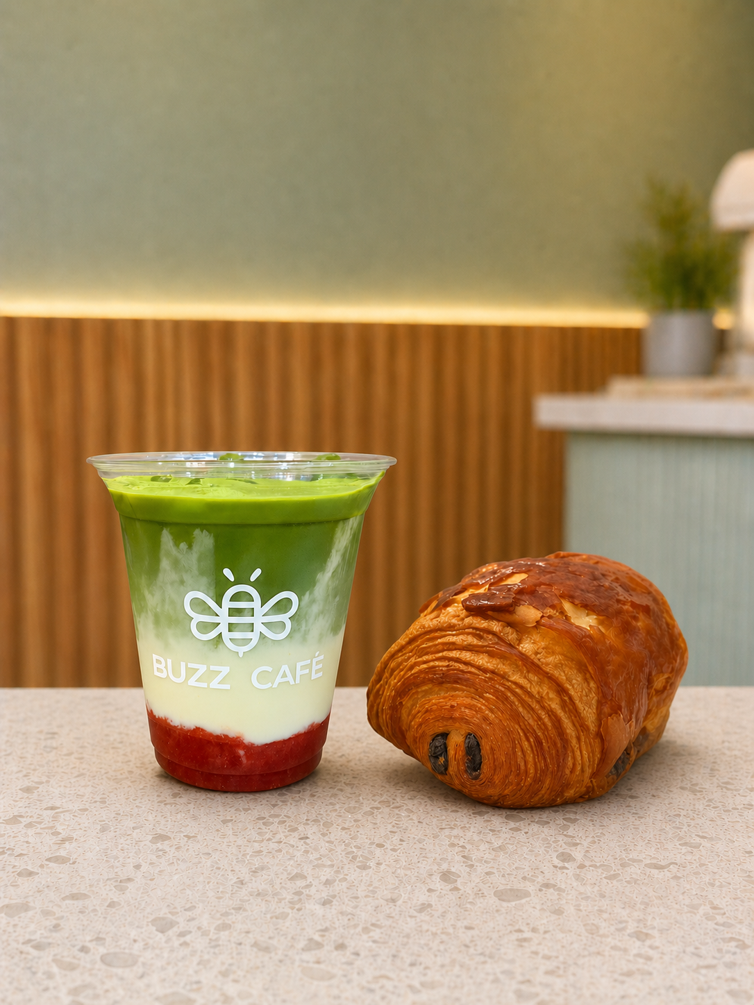 Matcha gelado e croissant de chocolate do Buzz Café