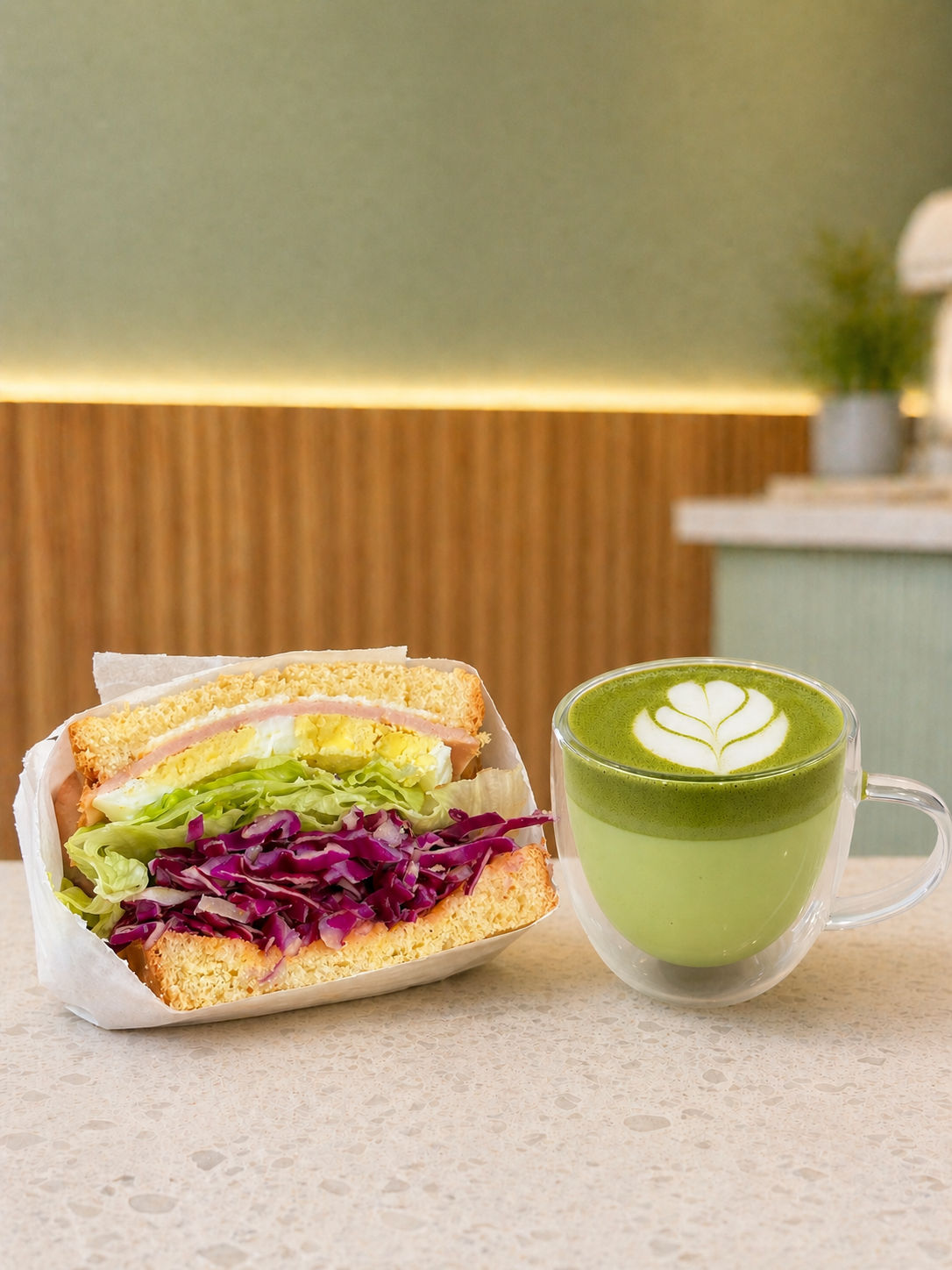 Matcha latte e sanduíche crunch do Buzz Café